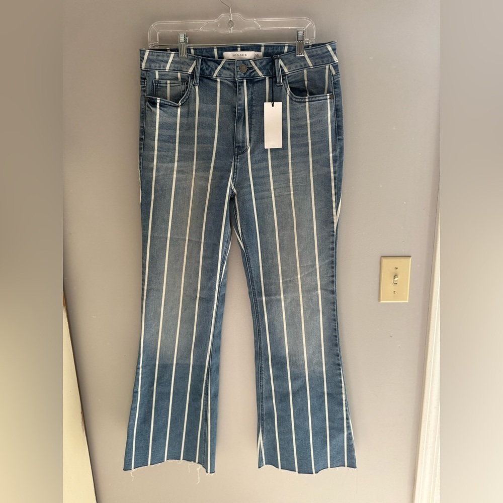 Disclosed Blue White Striped Flare Raw Hem Jeans Women’s SZ 13/31 Highrise New
